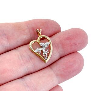 Estate Sterling Silver 925 Heart and Angel Pendant with Worn Gold Plating